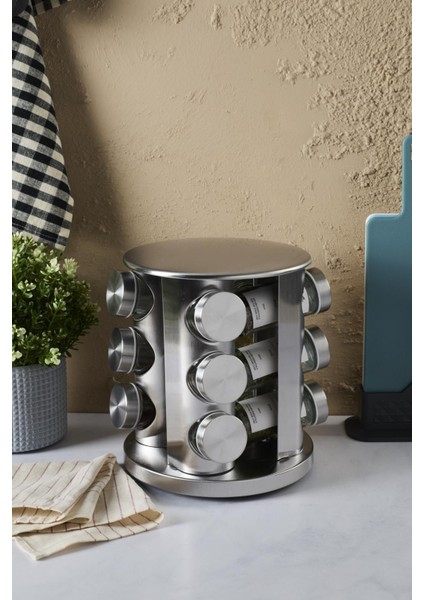 Metal Döner Standlı Yuvarlak Cam Metal Kapaklı Casa Inox 12`li Standlı Baharatlık Seti