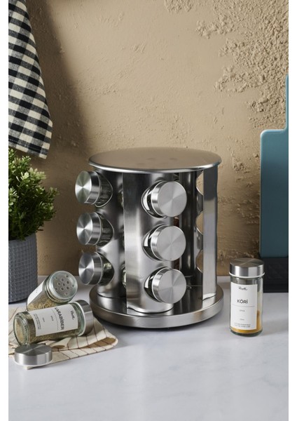 Metal Döner Standlı Yuvarlak Cam Metal Kapaklı Casa Inox 12`li Standlı Baharatlık Seti