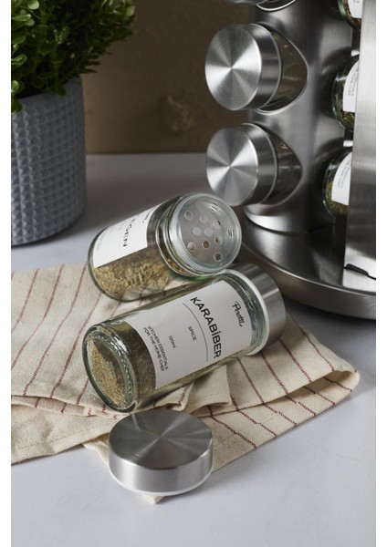 Metal Döner Standlı Yuvarlak Cam Metal Kapaklı Casa Inox 12`li Standlı Baharatlık Seti