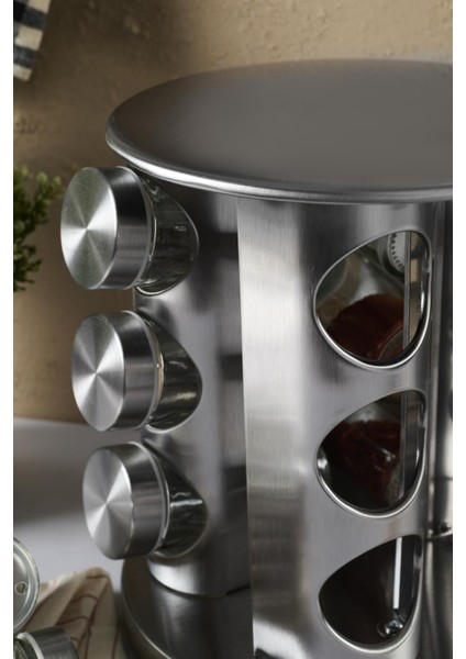 Metal Döner Standlı Yuvarlak Cam Metal Kapaklı Casa Inox 12`li Standlı Baharatlık Seti