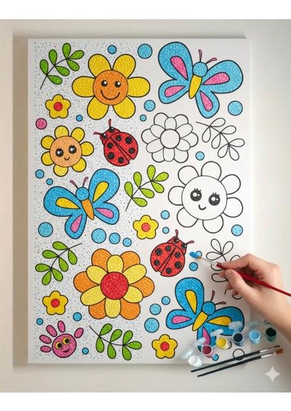 25 x 35 cm Resimli Tuval Çocuk Boyama Seti Çiçekler Renk Akrilik Boya ve 2 Fırça Adet Fırça