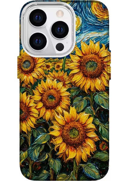Apple iPhone 13 Pro Özel Yağlı Boya Ayçiçeği Tasarımlı Lüks Silikon Kılıf