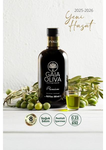 Yüksek Polifenollü Premium Ayvalık 500 ml Erken Hasat Natürel Sızma Zeytinyağı (Yeni Hasat)