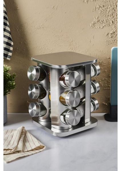 Metal Döner Standlı Kare Cam Metal Kapaklı Casa Inox 12`li Standlı Baharatlık Seti