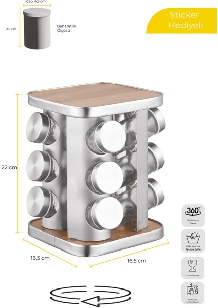 Metal Döner Standlı Kare Cam Metal Kapaklı Casa Inox 12`li Standlı Baharatlık Seti