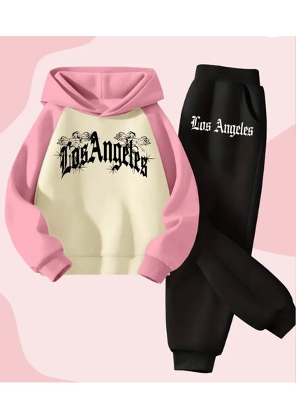 Büyük Beden Özel Tasarım Los Angeles Melekleri Baskılı Kapüşonlu Modern Kadın Eşofman Takımı