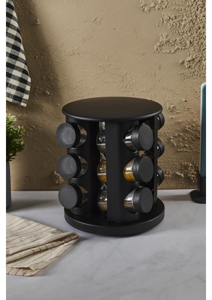 Siyah Döner Standlı Yuvarlak Cam Siyah Kapaklı Casa Black 12`li Standlı Baharatlık Seti