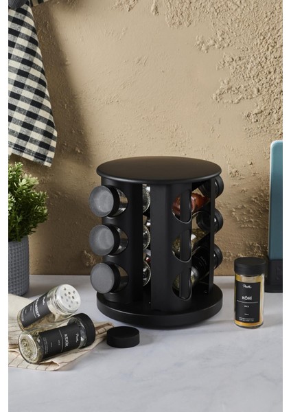 Siyah Döner Standlı Yuvarlak Cam Siyah Kapaklı Casa Black 12`li Standlı Baharatlık Seti