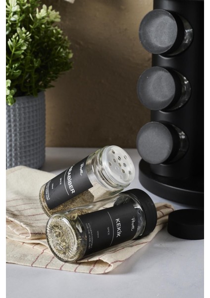 Siyah Döner Standlı Yuvarlak Cam Siyah Kapaklı Casa Black 12`li Standlı Baharatlık Seti