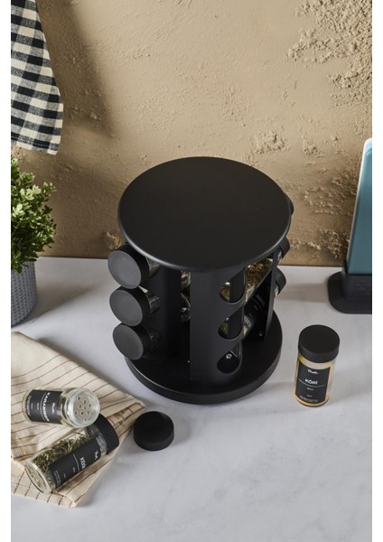 Siyah Döner Standlı Yuvarlak Cam Siyah Kapaklı Casa Black 12`li Standlı Baharatlık Seti