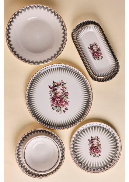 Antique Altın Yaldızlı Stoneware Yemek Takımı 27 Parça 6 Kişilik Yemek Seti