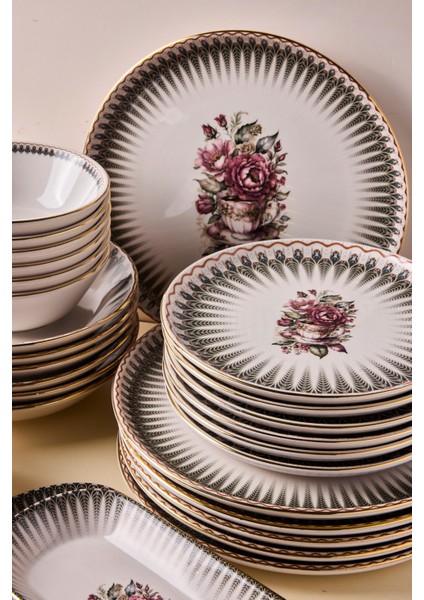 Antique Altın Yaldızlı Stoneware Yemek Takımı 27 Parça 6 Kişilik Yemek Seti