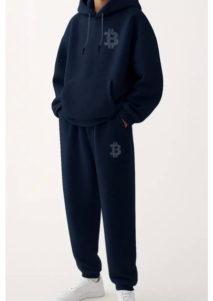 Büyük Beden Özel Tasarım Kapüşonlu B Baskılı Kışlık Hip Hop Sokak Modası Erkek Eşofman Takımı