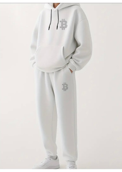 Büyük Beden Özel Tasarım Kapüşonlu B Baskılı Kışlık Hip Hop Sokak Modası Erkek Eşofman Takımı