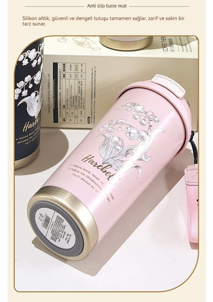 Zambak Çiçeği Desenli, Büyük Kapasiteli Kahve Fincanı, Vakumlu 316 Paslanmaz Çelik Termos, Taşınabilir Pipetli ve Askılı Öğrenci Kupası (Yurt Dışından)