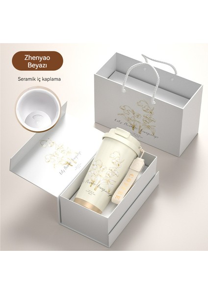 Zambak Çiçeği Desenli, Büyük Kapasiteli Kahve Fincanı, Vakumlu 316 Paslanmaz Çelik Termos, Taşınabilir Pipetli ve Askılı Öğrenci Kupası (Yurt Dışından)