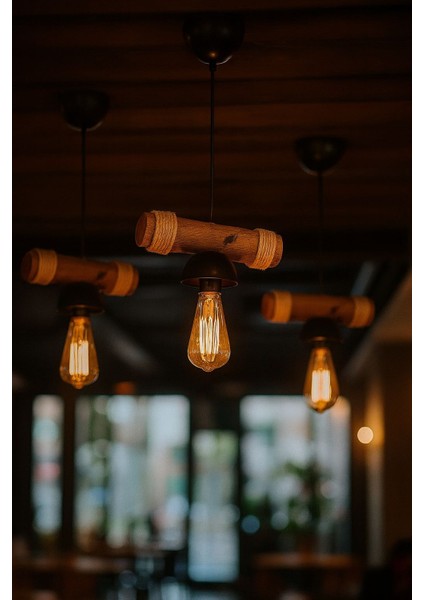 Doğal Ahşap Halatlı Sarkıt Avize – Retro Bohem Dekoratif Avize 3 Adet