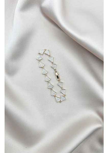 Fıora Yaprak Kesim Bileklik Gold - Zirkon Taşlı | 316L Çelik - Kararmaz | Hediyelik Kadın