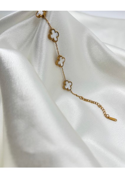Fıora Yonca Bileklik Gold Beyaz | 316L Çelik - Kararmaz | Hediyelik Kadın