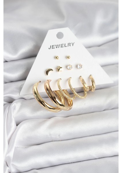 Gold Renk 6 Çiftli Pirinç Kadın Küpe Seti