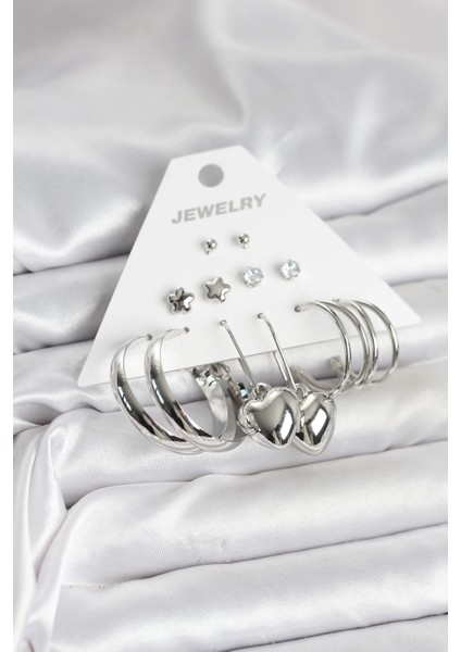 Pirinç Gümüş Renk 6 Çift Kadın Küpe Seti