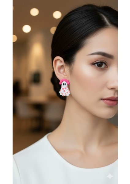 Blossom Boo El Yapımı Pembe Çiçekli Hayalet Küpe - Cadılar Bayramı Koleksiyonu