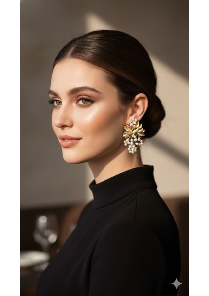 Vignette Incili Yaprak Küpe – Altın Renkli El Yapımı Zarif Model – Klasik ve Şık Tasarım