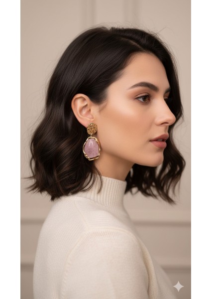 Rosalinda El Yapımı Polimer Kil Küpe – Pembe ve Altın Renkli Zarif Tasarım – Şık ve Modern Model