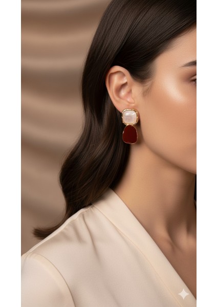 Rosélia El Yapımı Polimer Kil Küpe – Bordo ve Inci Pembe Renkli Zarif Model – Altın Detaylı Tasarım