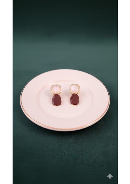 Rosélia El Yapımı Polimer Kil Küpe – Bordo ve Inci Pembe Renkli Zarif Model – Altın Detaylı Tasarım fırsatları