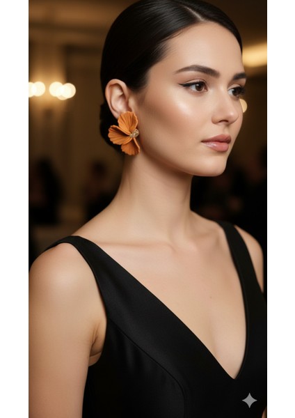 Camélia El Yapımı Polimer Kil Küpe – Turuncu Çiçek Tasarım – Altın Detaylı Zarif Model