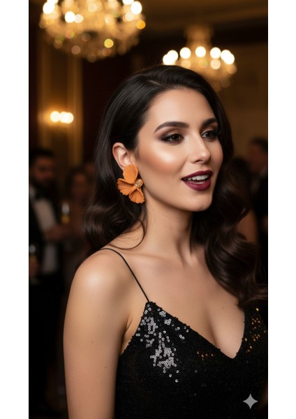 Camélia El Yapımı Polimer Kil Küpe – Turuncu Çiçek Tasarım – Altın Detaylı Zarif Model modelleri