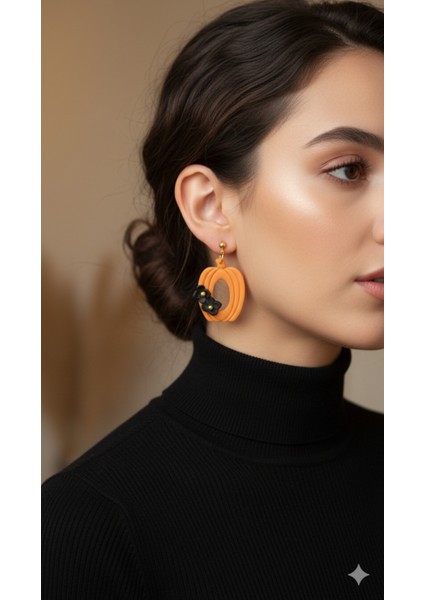 Nocturna Bloom El Yapımı Polimer Kil Küpe – Halloween Konsept Turuncu Siyah Çiçek Tasarım