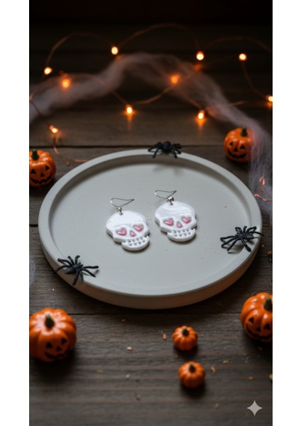 Skull Amour El Yapımı Polimer Kil Küpe – Kalp Gözlü Kafatası Tasarım – Gotik & Sevimli Konsept Küpe fırsatları