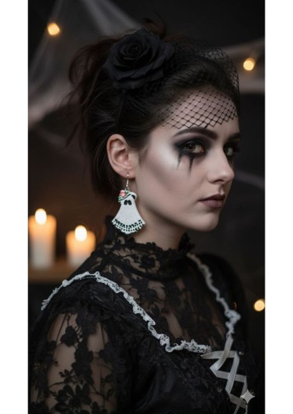 Siyah Beyaz Elbiseli Şirin Hayalet Küpe - - El Yapımı Polimer Kil Tasarım Takı