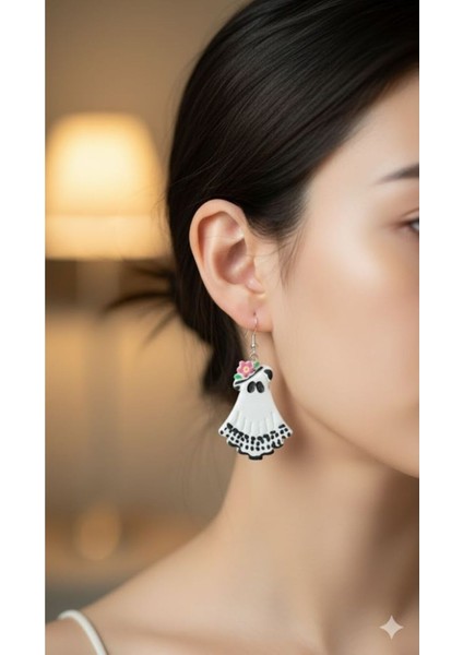 Siyah Beyaz Elbiseli Şirin Hayalet Küpe - - El Yapımı Polimer Kil Tasarım Takı modelleri