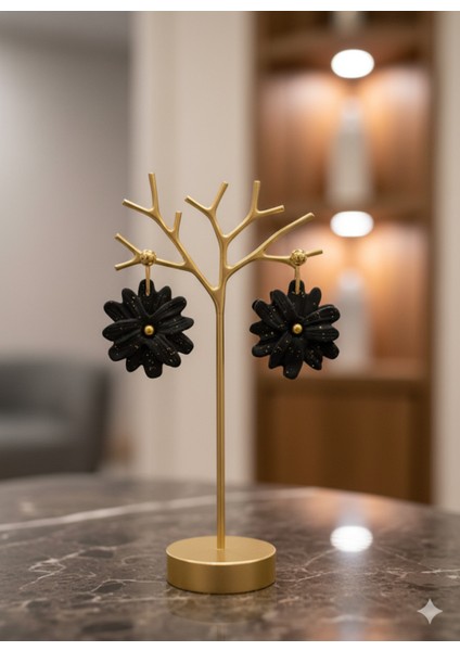 Onyx Bloom El Yapımı Küpe | Altın Parıltılı Siyah Çiçek Küpe | Minimalist Tasarım fiyatları