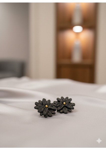 Onyx Bloom El Yapımı Küpe | Altın Parıltılı Siyah Çiçek Küpe | Minimalist Tasarım fırsatları
