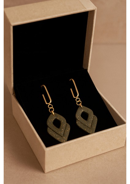 Émeraude Élégance Yeşil Altın Detaylı Geometrik Tasarım El Yapımı Polimer Kil Küpe - fiyatları