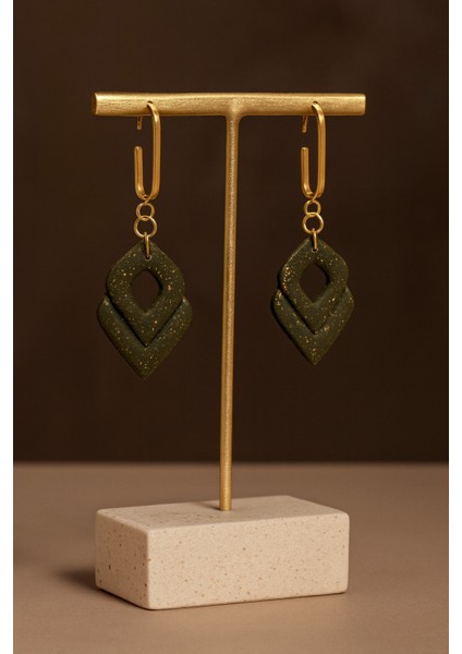 Émeraude Élégance Yeşil Altın Detaylı Geometrik Tasarım El Yapımı Polimer Kil Küpe - modelleri