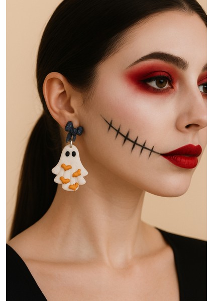 Phantom Bows Hayalet Figürlü Parlak Kurdeleli Halloween Özel Tasarım Küpe - El Yapımı Polimer Kil