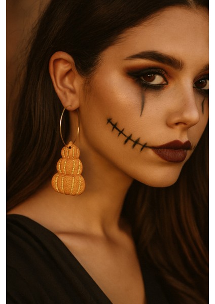 Pumpkin Glow Kabak Tasarımlı Polimer Kil Küpe - Altın Detaylı, El Yapımı, Hafif