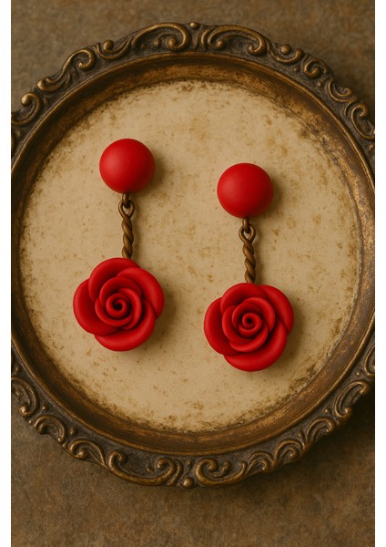 Lilly Rose El Yapımı Kırmızı Gül Detaylı Tasarım Polimer Kil Küpe modelleri