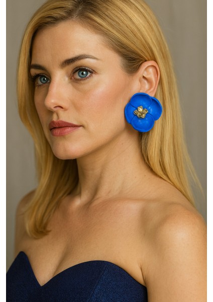 Fleuris Mavi Çiçek Tasarım El Yapımı Küpe - Gold Detaylı