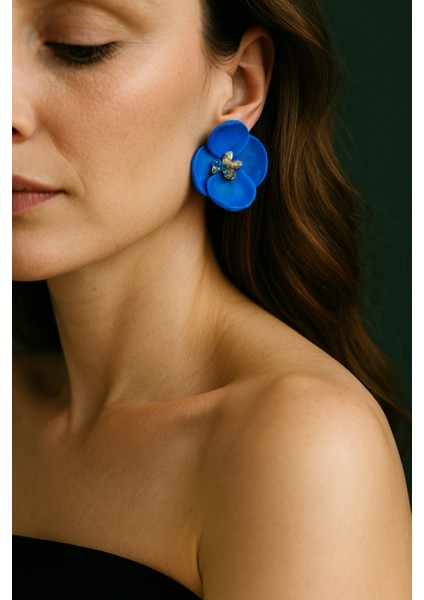 Fleuris Mavi Çiçek Tasarım El Yapımı Küpe - Gold Detaylı modelleri