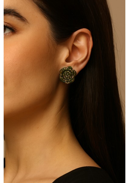 ✨ Éclat Vert – Haki & Altın Işıltılı Gül Küpe ✨