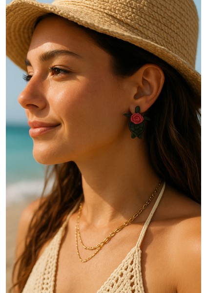 El Yapımı Rosa Marina Kaplumbağa ve Pembe Gül Detaylı Küpe fiyatları