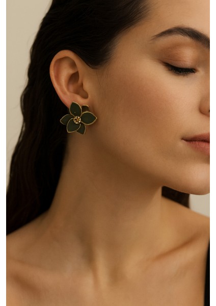 Viridia El Yapımı Yeşil & Altın Çiçek Tasarım Küpe