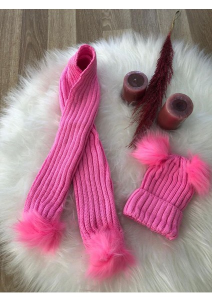 Kız Bebek Pembe Çift Ponponlu Atkı Bere Takımı