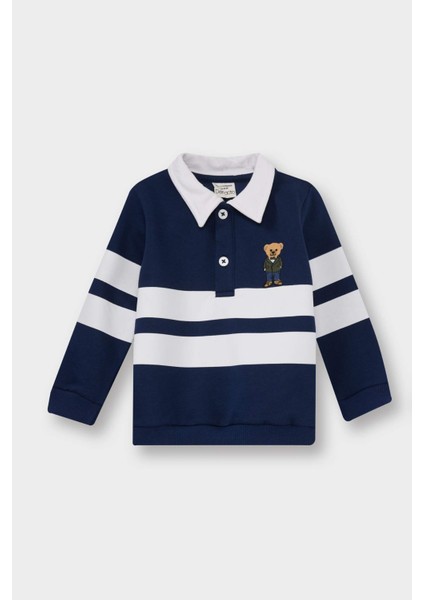 Erkek Bebek Gömlek Yaka Ayı Baskılı Renk Bloklu İçi Yumuşak Tüylü Sweatshirt G4406A525WN